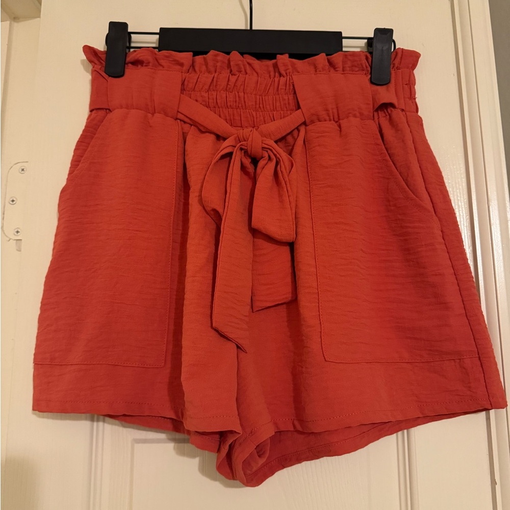 Women's Coral Paper bag Tie-Waist Shorts